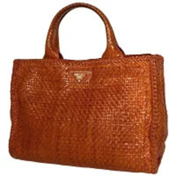 Prada Handbags - Prada Plate Tote Bag Madras Shoulder Woven Leather Orange